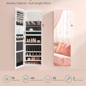 SONGMICS 55 Inches Tall Spacious Jewelry Cabinet, Jewelry Armoire with Light-Up Interior Mirror, Wall or Door Mounted Jewelry Storage Organizer, Lockable, Gift Idea, Cloud White - 5