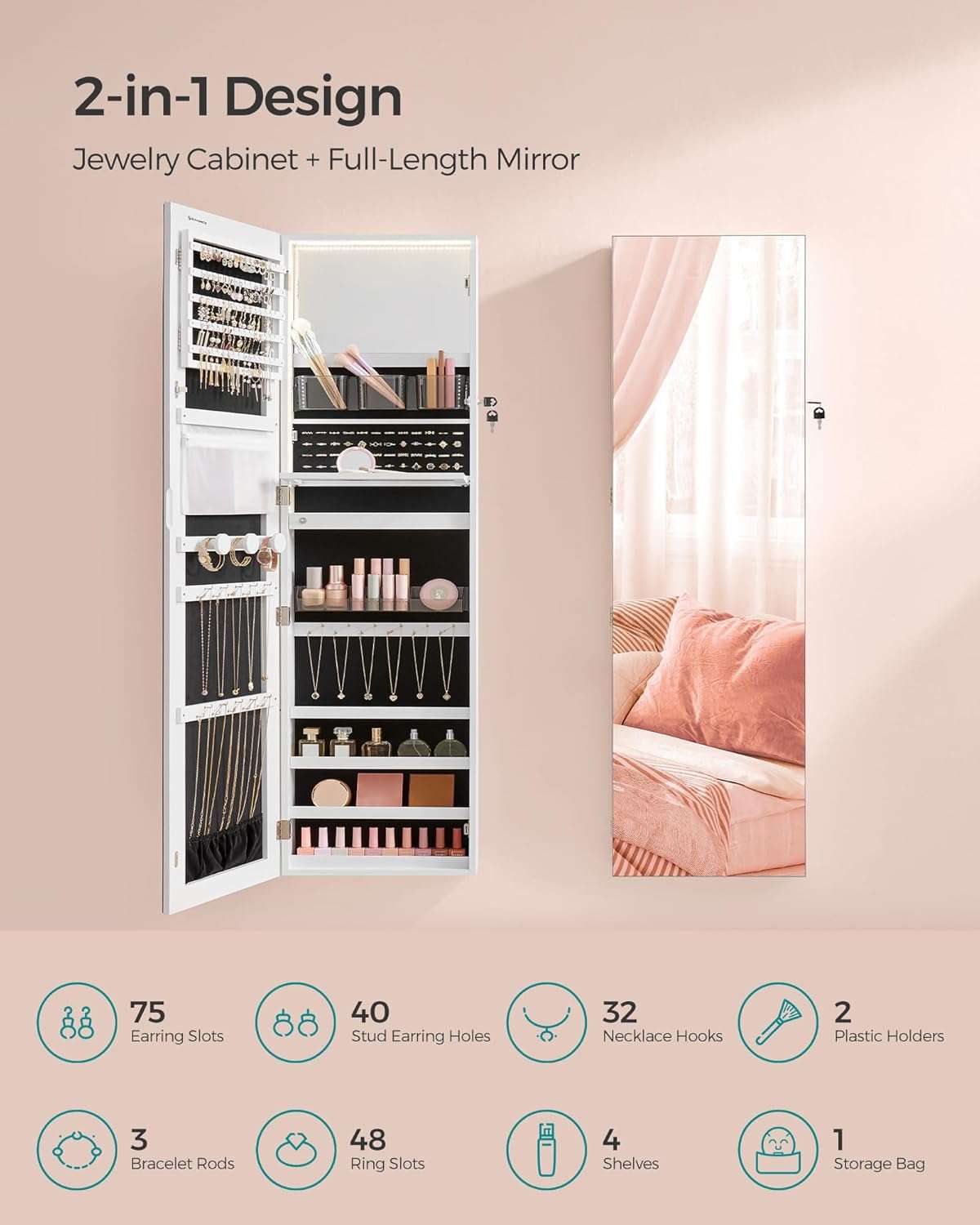 SONGMICS 55 Inches Tall Spacious Jewelry Cabinet, Jewelry Armoire with Light-Up Interior Mirror, Wall or Door Mounted Jewelry Storage Organizer, Lockable, Gift Idea, Cloud White - 5