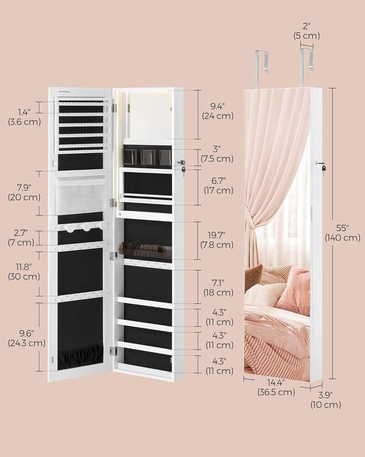 SONGMICS 55 Inches Tall Spacious Jewelry Cabinet, Jewelry Armoire with Light-Up Interior Mirror, Wall or Door Mounted Jewelry Storage Organizer, Lockable, Gift Idea, Cloud White - 6