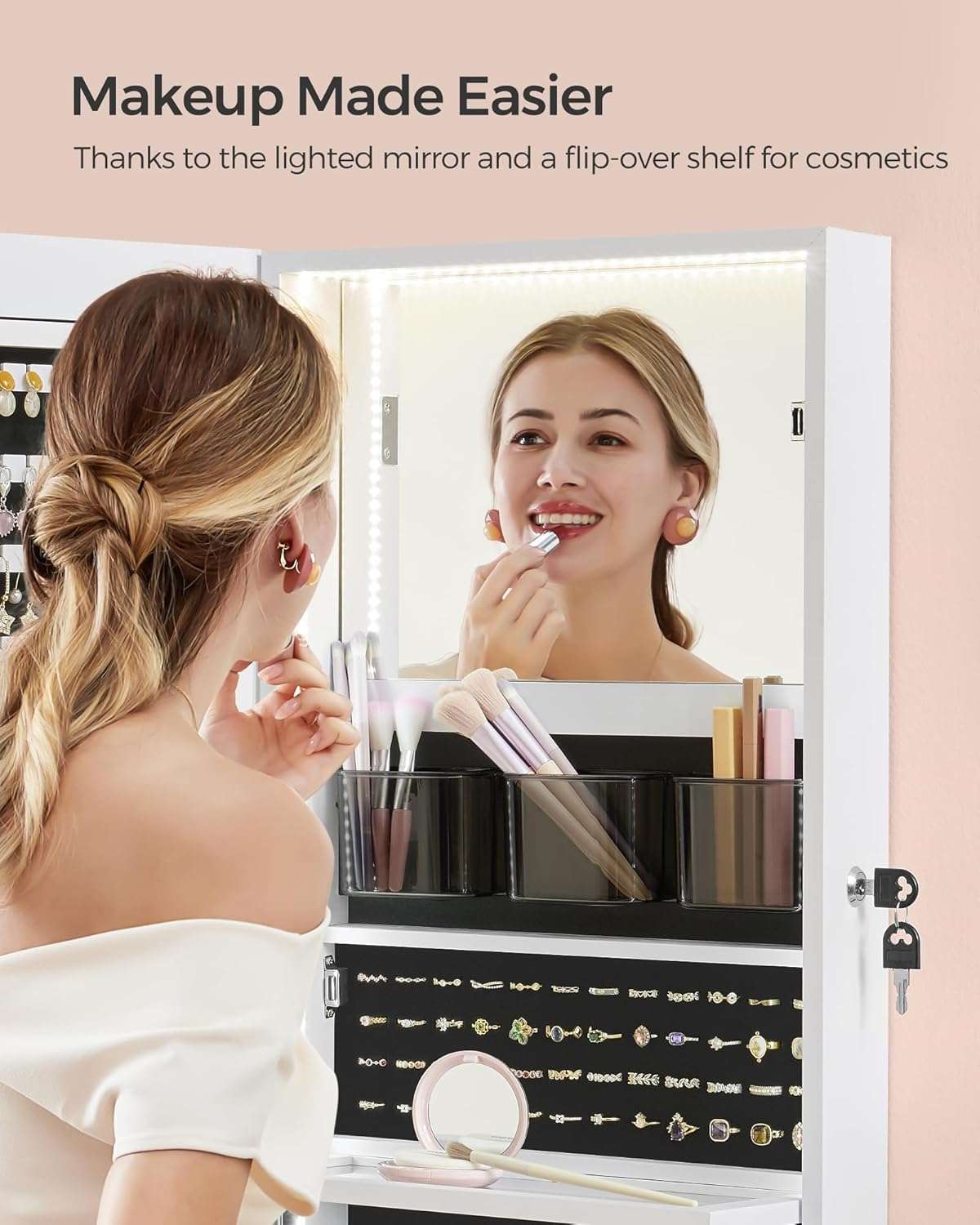 SONGMICS 55 Inches Tall Spacious Jewelry Cabinet, Jewelry Armoire with Light-Up Interior Mirror, Wall or Door Mounted Jewelry Storage Organizer, Lockable, Gift Idea, Cloud White - 7