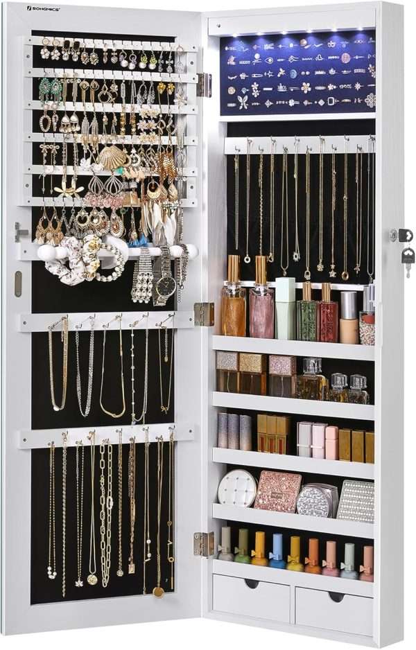 SONGMICS Hanging Jewelry Cabinet, Wall-Mounted Cabinet with LED Interior Lights, Door-Mounted Jewelry Organizer, Full-Length Mirror, Gift Idea, White - 1