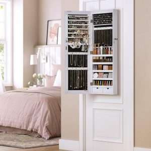 SONGMICS Hanging Jewelry Cabinet, Wall-Mounted Cabinet with LED Interior Lights, Door-Mounted Jewelry Organizer, Full-Length Mirror, Gift Idea, White - 2