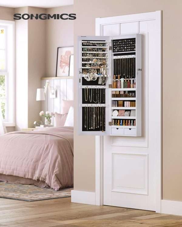 SONGMICS Hanging Jewelry Cabinet, Wall-Mounted Cabinet with LED Interior Lights, Door-Mounted Jewelry Organizer, Full-Length Mirror, Gift Idea, White - 2
