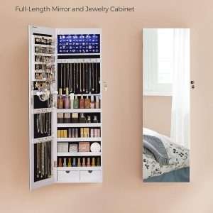 SONGMICS Hanging Jewelry Cabinet, Wall-Mounted Cabinet with LED Interior Lights, Door-Mounted Jewelry Organizer, Full-Length Mirror, Gift Idea, White - 3