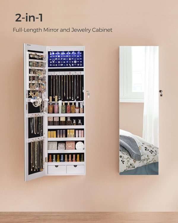 SONGMICS Hanging Jewelry Cabinet, Wall-Mounted Cabinet with LED Interior Lights, Door-Mounted Jewelry Organizer, Full-Length Mirror, Gift Idea, White - 3