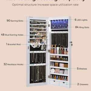 SONGMICS Hanging Jewelry Cabinet, Wall-Mounted Cabinet with LED Interior Lights, Door-Mounted Jewelry Organizer, Full-Length Mirror, Gift Idea, White - 4