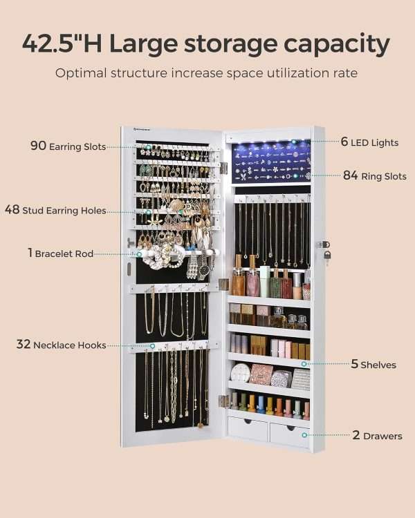 SONGMICS Hanging Jewelry Cabinet, Wall-Mounted Cabinet with LED Interior Lights, Door-Mounted Jewelry Organizer, Full-Length Mirror, Gift Idea, White - 4