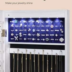SONGMICS Hanging Jewelry Cabinet, Wall-Mounted Cabinet with LED Interior Lights, Door-Mounted Jewelry Organizer, Full-Length Mirror, Gift Idea, White - 5