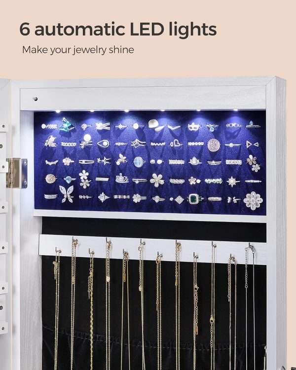 SONGMICS Hanging Jewelry Cabinet, Wall-Mounted Cabinet with LED Interior Lights, Door-Mounted Jewelry Organizer, Full-Length Mirror, Gift Idea, White - 5