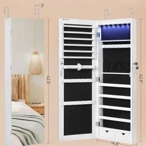 SONGMICS Hanging Jewelry Cabinet, Wall-Mounted Cabinet with LED Interior Lights, Door-Mounted Jewelry Organizer, Full-Length Mirror, Gift Idea, White - 6