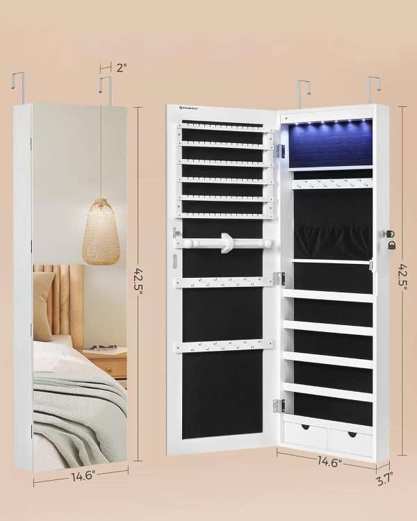 SONGMICS Hanging Jewelry Cabinet, Wall-Mounted Cabinet with LED Interior Lights, Door-Mounted Jewelry Organizer, Full-Length Mirror, Gift Idea, White - 6