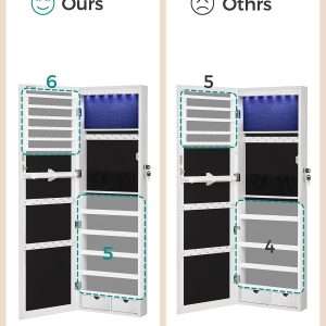 SONGMICS Hanging Jewelry Cabinet, Wall-Mounted Cabinet with LED Interior Lights, Door-Mounted Jewelry Organizer, Full-Length Mirror, Gift Idea, White - 7