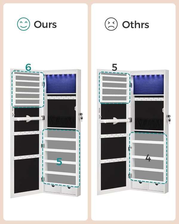SONGMICS Hanging Jewelry Cabinet, Wall-Mounted Cabinet with LED Interior Lights, Door-Mounted Jewelry Organizer, Full-Length Mirror, Gift Idea, White - 7