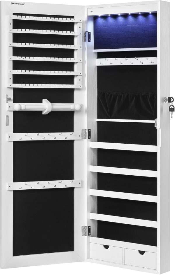 SONGMICS Hanging Jewelry Cabinet, Wall-Mounted Cabinet with LED Interior Lights, Door-Mounted Jewelry Organizer, Full-Length Mirror, Gift Idea, White - 8