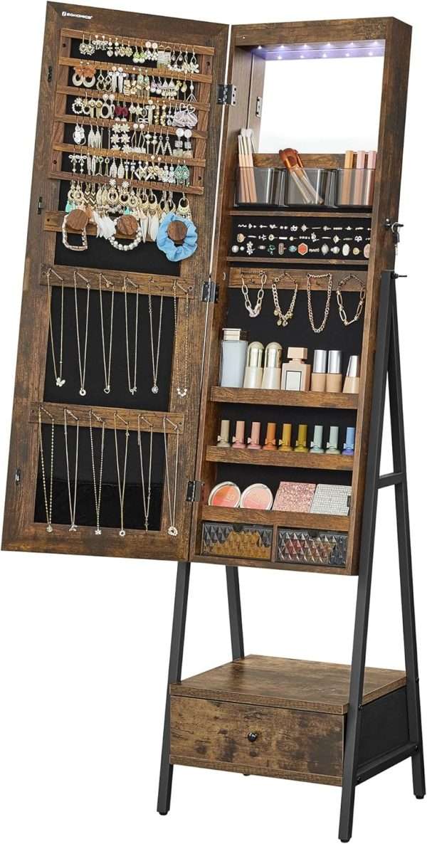 SONGMICS LED Cabinet Standing, Lockable Jewelry Armoire with Full-Length Mirror, Space-Saving Jewelry Organizer with Mirror, Bottom Drawer and Shelf, Gift Idea, Rustic Brown - 1