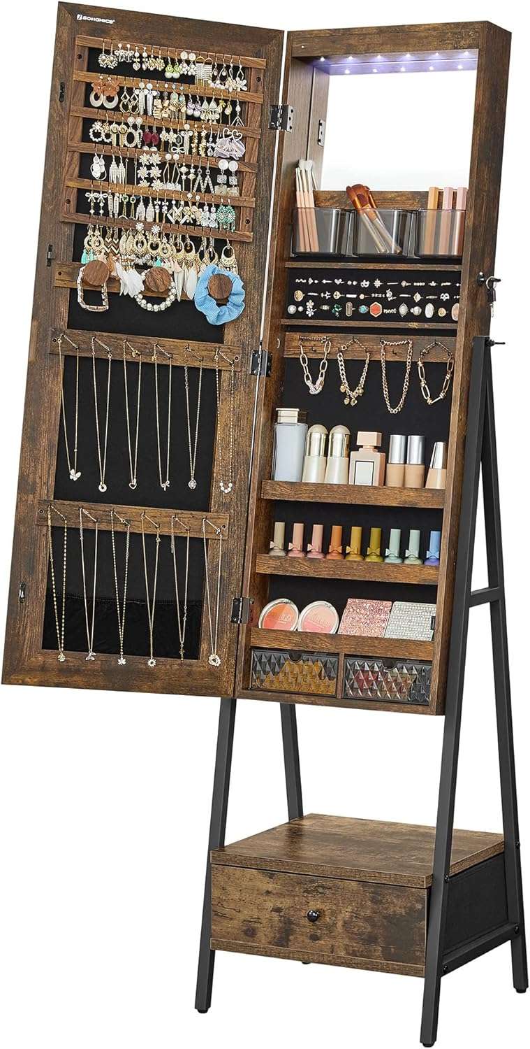 SONGMICS LED Cabinet Standing, Lockable Jewelry Armoire with Full-Length Mirror, Space-Saving Jewelry Organizer with Mirror, Bottom Drawer and Shelf, Gift Idea, Rustic Brown - 1