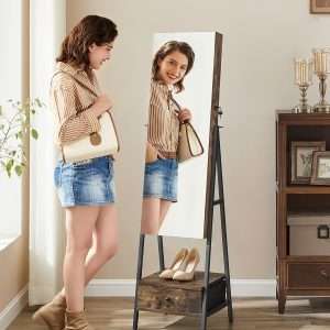 SONGMICS LED Cabinet Standing, Lockable Jewelry Armoire with Full-Length Mirror, Space-Saving Jewelry Organizer with Mirror, Bottom Drawer and Shelf, Gift Idea, Rustic Brown - 2