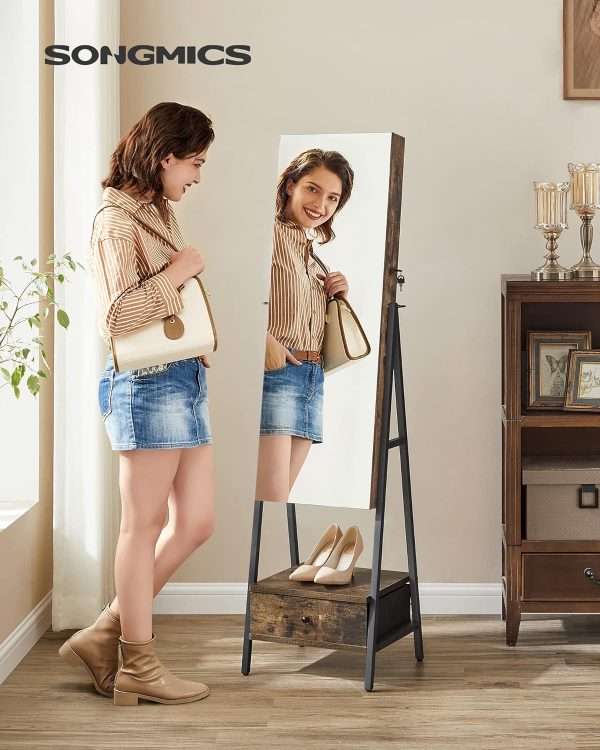 SONGMICS LED Cabinet Standing, Lockable Jewelry Armoire with Full-Length Mirror, Space-Saving Jewelry Organizer with Mirror, Bottom Drawer and Shelf, Gift Idea, Rustic Brown - 2