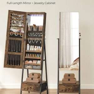 SONGMICS LED Cabinet Standing, Lockable Jewelry Armoire with Full-Length Mirror, Space-Saving Jewelry Organizer with Mirror, Bottom Drawer and Shelf, Gift Idea, Rustic Brown - 3