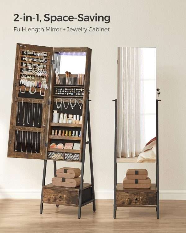 SONGMICS LED Cabinet Standing, Lockable Jewelry Armoire with Full-Length Mirror, Space-Saving Jewelry Organizer with Mirror, Bottom Drawer and Shelf, Gift Idea, Rustic Brown - 3