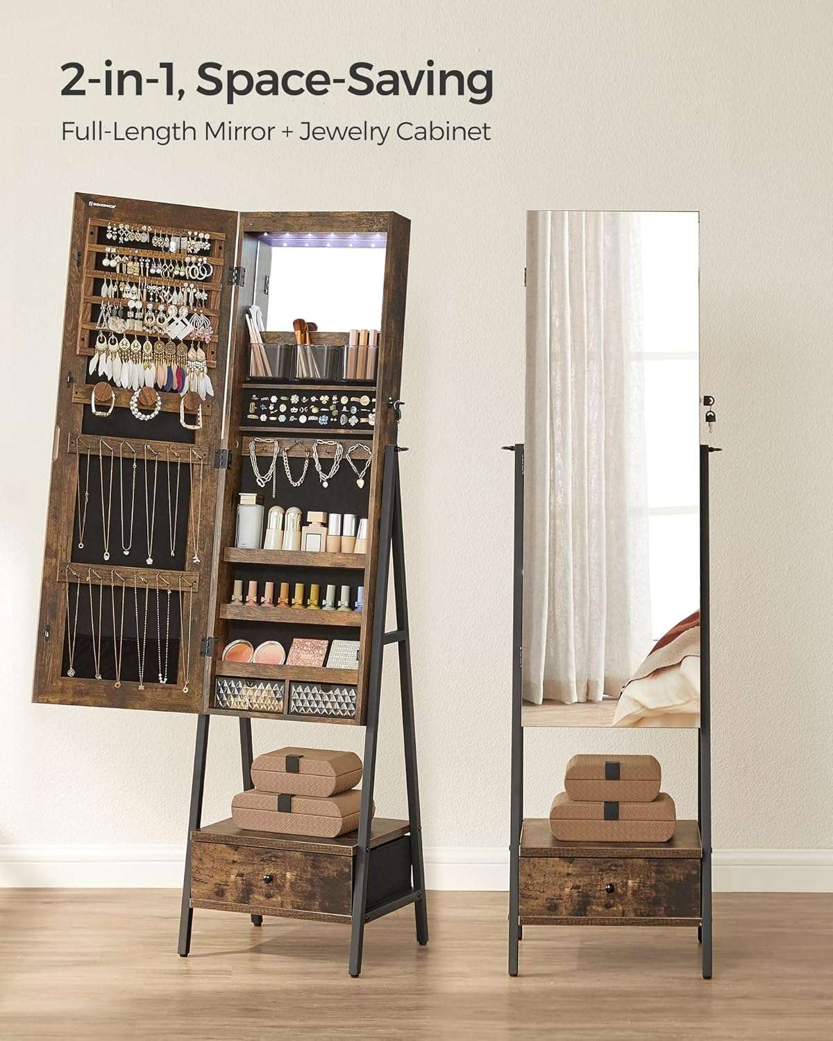 SONGMICS LED Cabinet Standing, Lockable Jewelry Armoire with Full-Length Mirror, Space-Saving Jewelry Organizer with Mirror, Bottom Drawer and Shelf, Gift Idea, Rustic Brown - 3