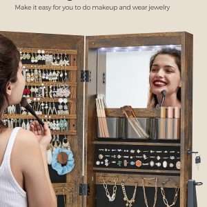 SONGMICS LED Cabinet Standing, Lockable Jewelry Armoire with Full-Length Mirror, Space-Saving Jewelry Organizer with Mirror, Bottom Drawer and Shelf, Gift Idea, Rustic Brown - 4