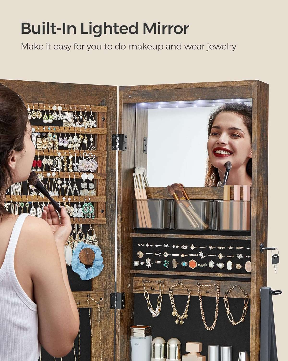 SONGMICS LED Cabinet Standing, Lockable Jewelry Armoire with Full-Length Mirror, Space-Saving Jewelry Organizer with Mirror, Bottom Drawer and Shelf, Gift Idea, Rustic Brown - 4