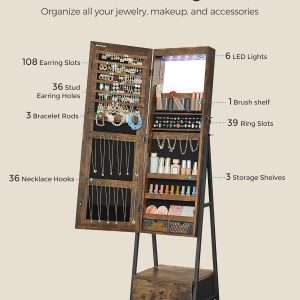 SONGMICS LED Cabinet Standing, Lockable Jewelry Armoire with Full-Length Mirror, Space-Saving Jewelry Organizer with Mirror, Bottom Drawer and Shelf, Gift Idea, Rustic Brown - 5