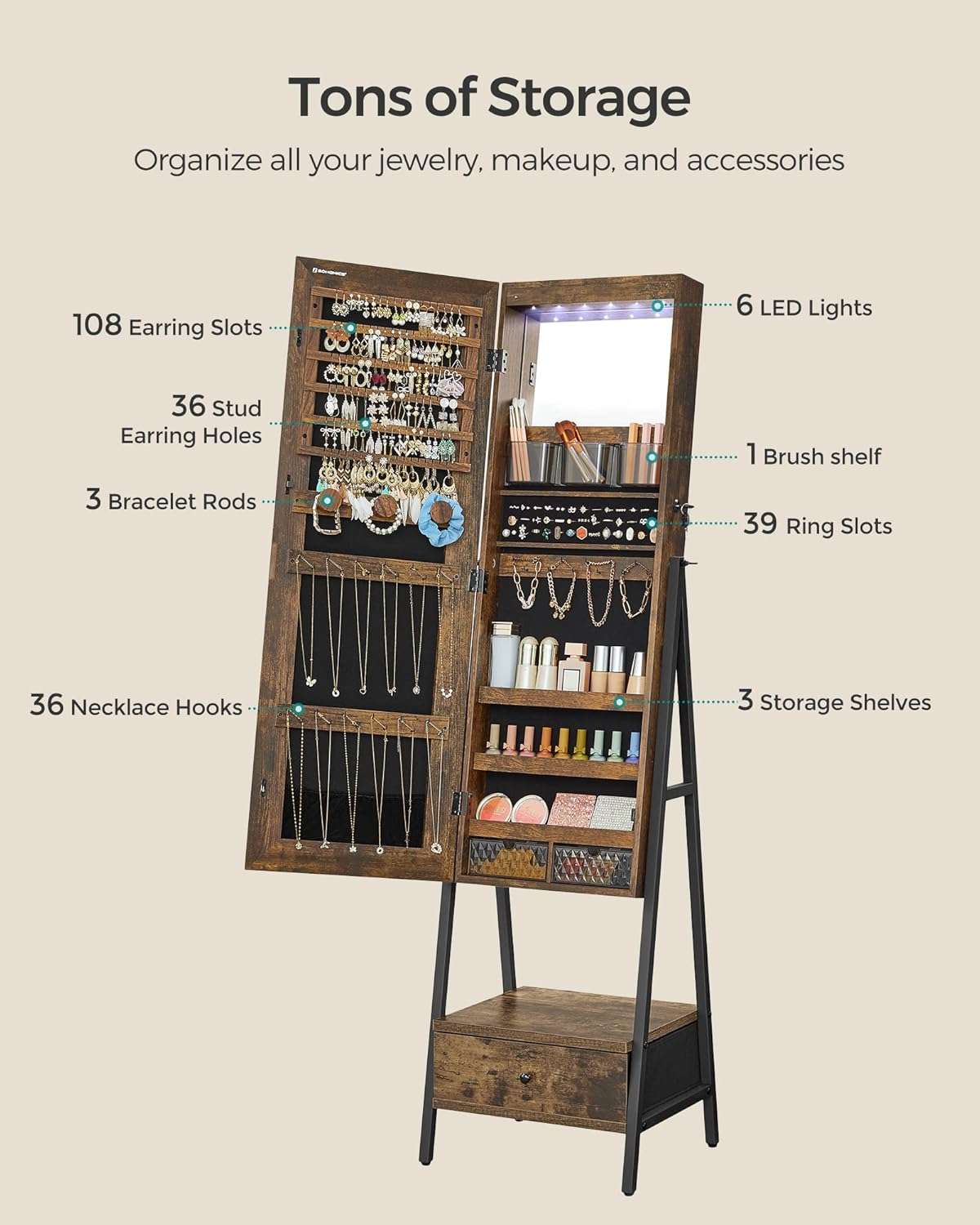 SONGMICS LED Cabinet Standing, Lockable Jewelry Armoire with Full-Length Mirror, Space-Saving Jewelry Organizer with Mirror, Bottom Drawer and Shelf, Gift Idea, Rustic Brown - 5