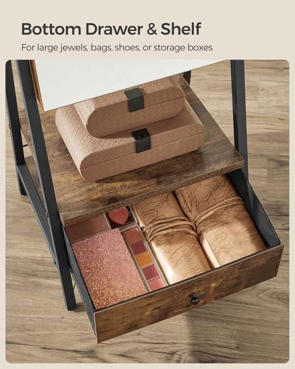 SONGMICS LED Cabinet Standing, Lockable Jewelry Armoire with Full-Length Mirror, Space-Saving Jewelry Organizer with Mirror, Bottom Drawer and Shelf, Gift Idea, Rustic Brown - 6