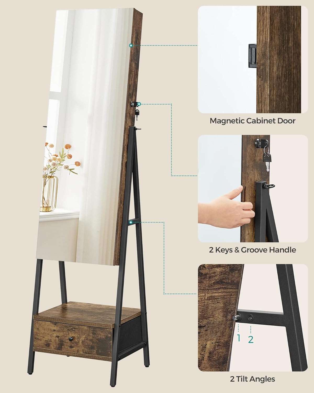 SONGMICS LED Cabinet Standing, Lockable Jewelry Armoire with Full-Length Mirror, Space-Saving Jewelry Organizer with Mirror, Bottom Drawer and Shelf, Gift Idea, Rustic Brown - 8