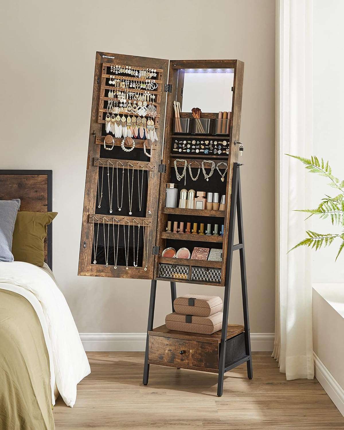SONGMICS LED Cabinet Standing, Lockable Jewelry Armoire with Full-Length Mirror, Space-Saving Jewelry Organizer with Mirror, Bottom Drawer and Shelf, Gift Idea, Rustic Brown - 9