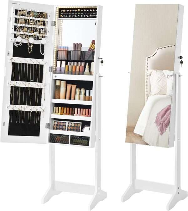 SONGMICS Mirror Jewelry Cabinet Standing Armoire Organizer, Jewelry Storage with Full-Length Frameless LED Lights, Built-in Makeup Mirror, 2 Drawers, Lockable, White - 1