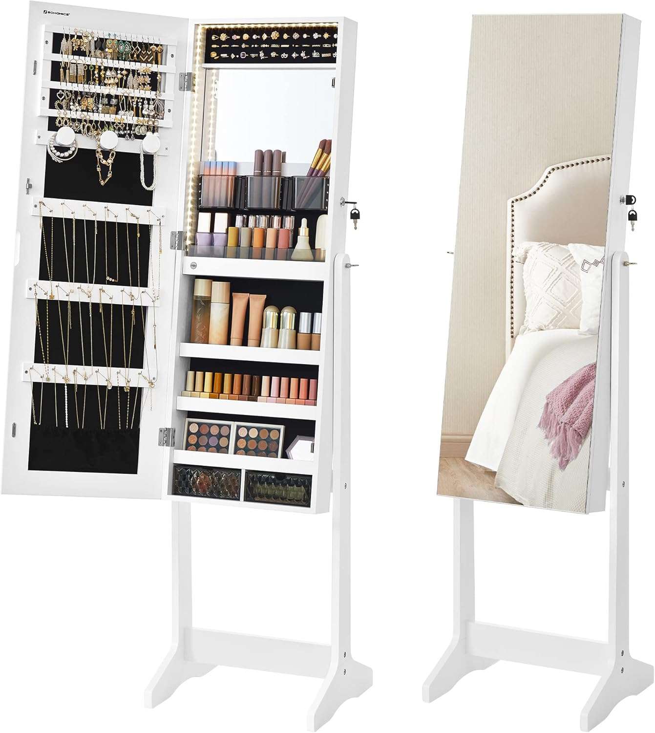 SONGMICS Mirror Jewelry Cabinet Standing Armoire Organizer, Jewelry Storage with Full-Length Frameless LED Lights, Built-in Makeup Mirror, 2 Drawers, Lockable, White - 1