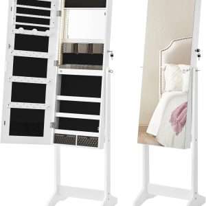 SONGMICS Mirror Jewelry Cabinet Standing Armoire Organizer, Jewelry Storage with Full-Length Frameless LED Lights, Built-in Makeup Mirror, 2 Drawers, Lockable, White - 10