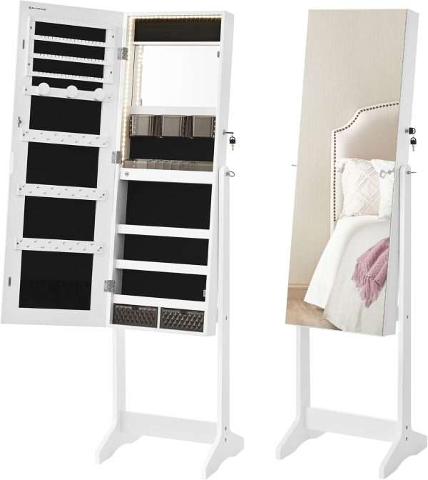 SONGMICS Mirror Jewelry Cabinet Standing Armoire Organizer, Jewelry Storage with Full-Length Frameless LED Lights, Built-in Makeup Mirror, 2 Drawers, Lockable, White - 10