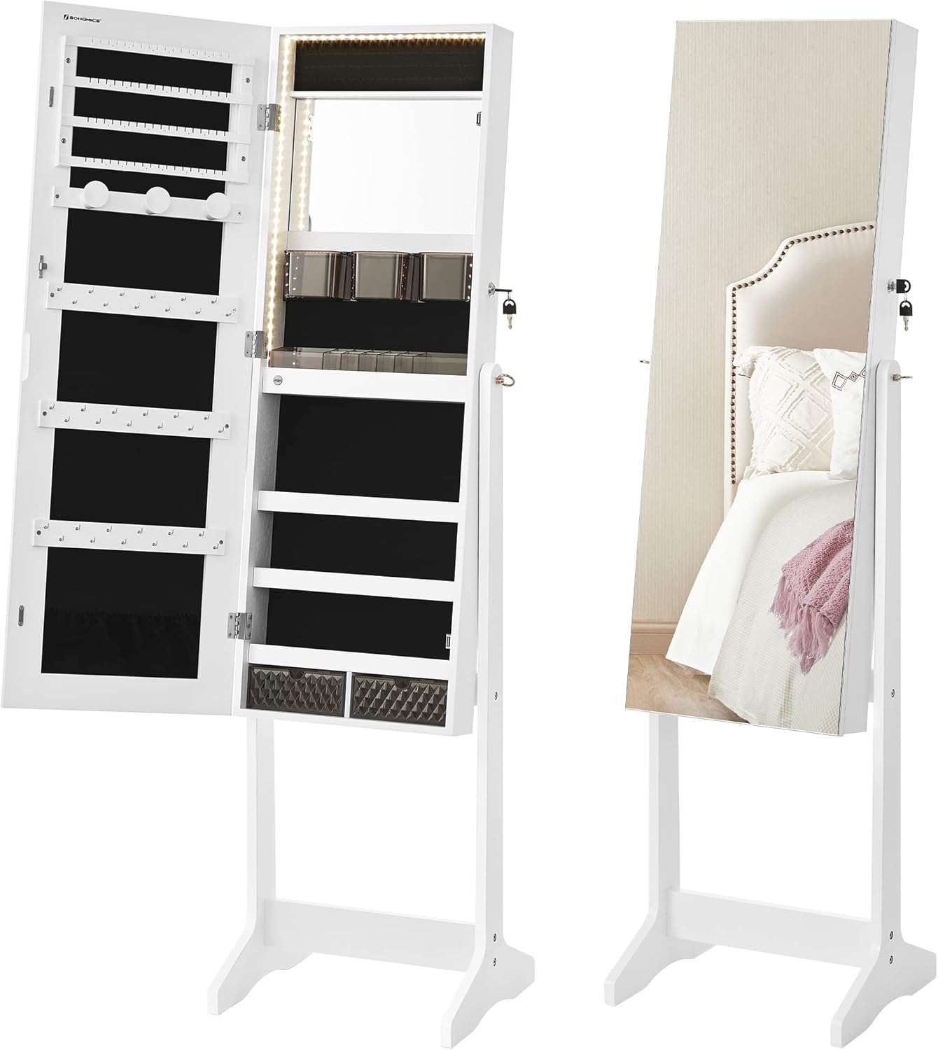 SONGMICS Mirror Jewelry Cabinet Standing Armoire Organizer, Jewelry Storage with Full-Length Frameless LED Lights, Built-in Makeup Mirror, 2 Drawers, Lockable, White - 10