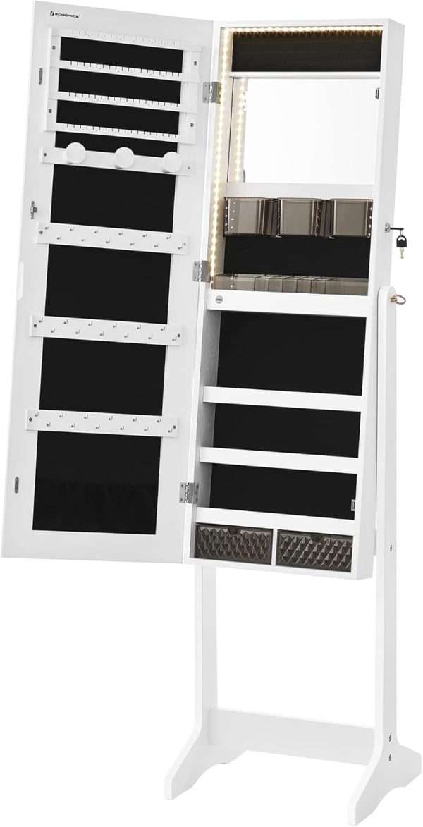 SONGMICS Mirror Jewelry Cabinet Standing Armoire Organizer, Jewelry Storage with Full-Length Frameless LED Lights, Built-in Makeup Mirror, 2 Drawers, Lockable, White - 11