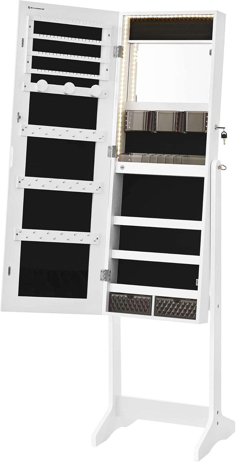 SONGMICS Mirror Jewelry Cabinet Standing Armoire Organizer, Jewelry Storage with Full-Length Frameless LED Lights, Built-in Makeup Mirror, 2 Drawers, Lockable, White - 11