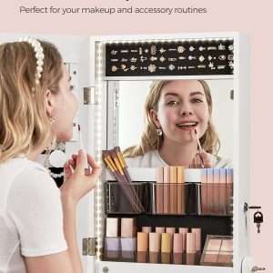 SONGMICS Mirror Jewelry Cabinet Standing Armoire Organizer, Jewelry Storage with Full-Length Frameless LED Lights, Built-in Makeup Mirror, 2 Drawers, Lockable, White - 3