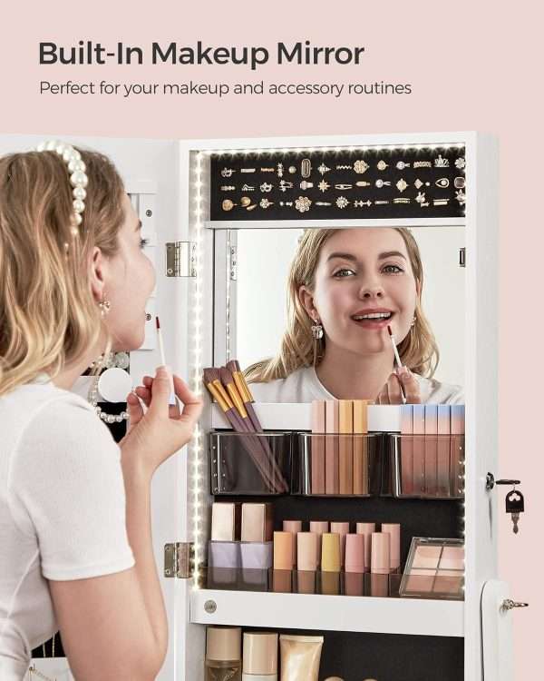 SONGMICS Mirror Jewelry Cabinet Standing Armoire Organizer, Jewelry Storage with Full-Length Frameless LED Lights, Built-in Makeup Mirror, 2 Drawers, Lockable, White - 3