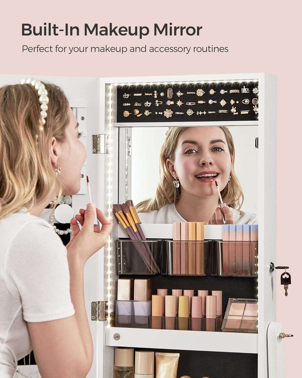 SONGMICS Mirror Jewelry Cabinet Standing Armoire Organizer, Jewelry Storage with Full-Length Frameless LED Lights, Built-in Makeup Mirror, 2 Drawers, Lockable, White - 3