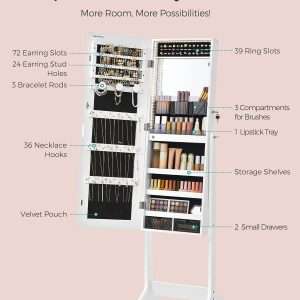 SONGMICS Mirror Jewelry Cabinet Standing Armoire Organizer, Jewelry Storage with Full-Length Frameless LED Lights, Built-in Makeup Mirror, 2 Drawers, Lockable, White - 5
