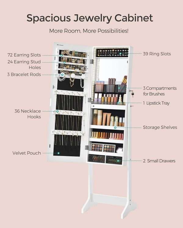 SONGMICS Mirror Jewelry Cabinet Standing Armoire Organizer, Jewelry Storage with Full-Length Frameless LED Lights, Built-in Makeup Mirror, 2 Drawers, Lockable, White - 5