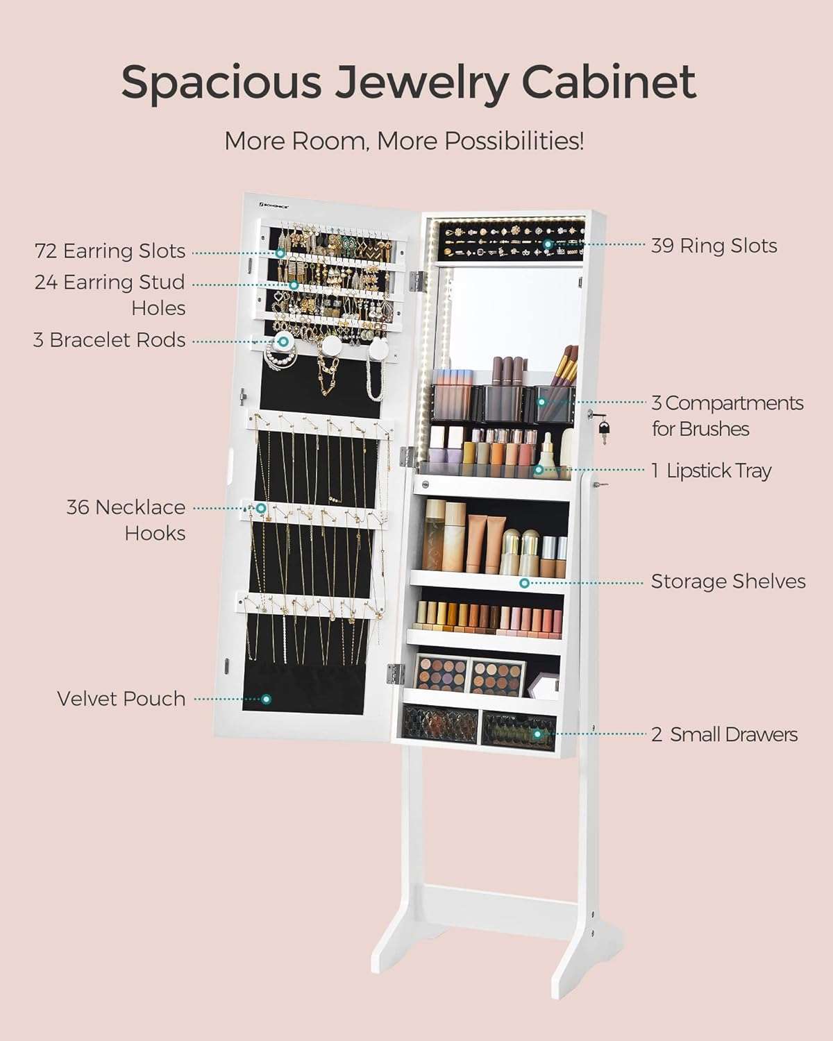 SONGMICS Mirror Jewelry Cabinet Standing Armoire Organizer, Jewelry Storage with Full-Length Frameless LED Lights, Built-in Makeup Mirror, 2 Drawers, Lockable, White - 5