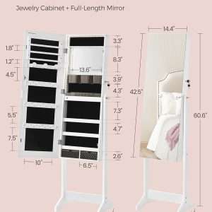 SONGMICS Mirror Jewelry Cabinet Standing Armoire Organizer, Jewelry Storage with Full-Length Frameless LED Lights, Built-in Makeup Mirror, 2 Drawers, Lockable, White - 6