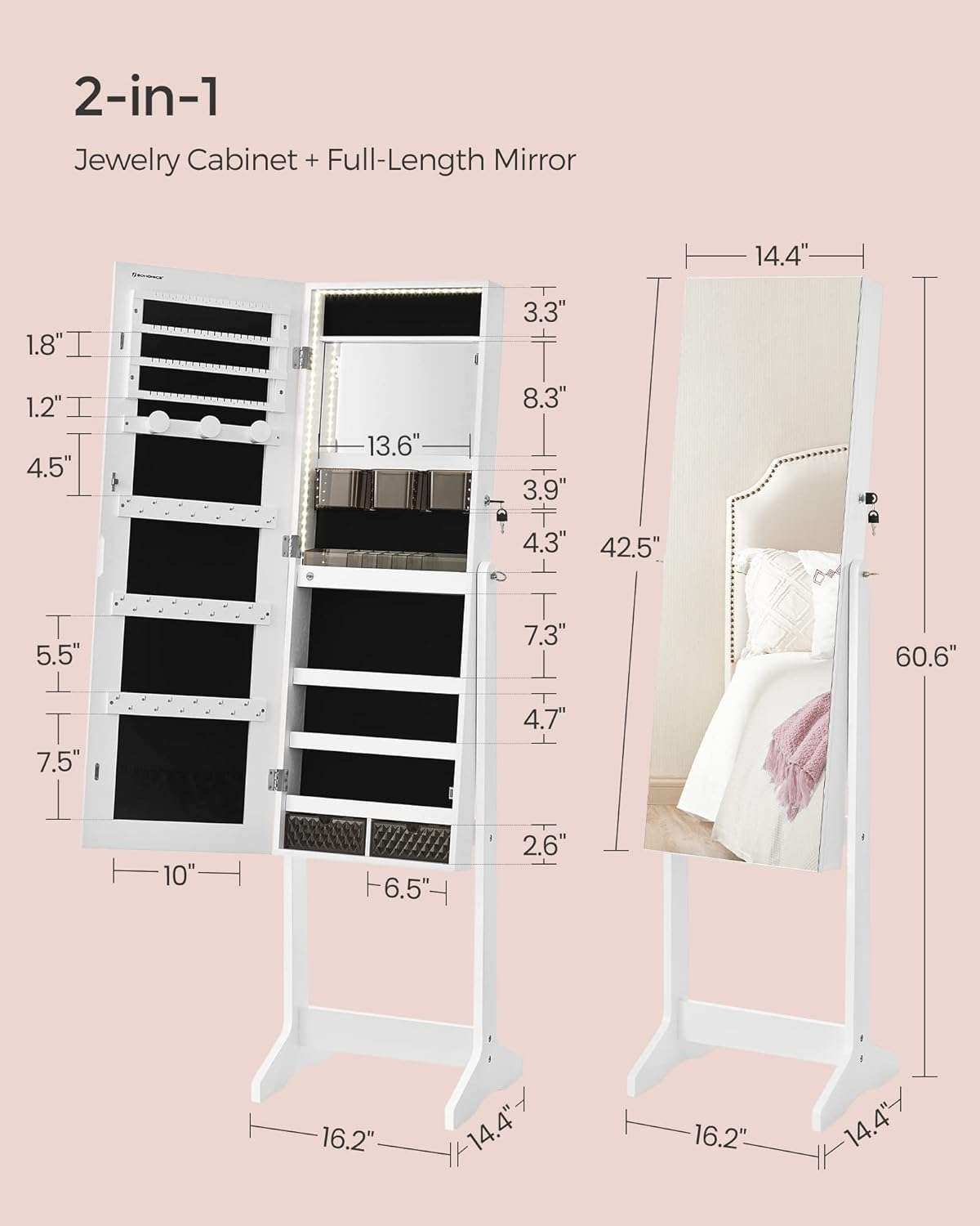 SONGMICS Mirror Jewelry Cabinet Standing Armoire Organizer, Jewelry Storage with Full-Length Frameless LED Lights, Built-in Makeup Mirror, 2 Drawers, Lockable, White - 6