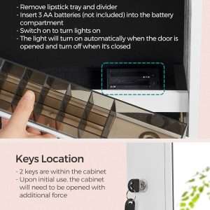 SONGMICS Mirror Jewelry Cabinet Standing Armoire Organizer, Jewelry Storage with Full-Length Frameless LED Lights, Built-in Makeup Mirror, 2 Drawers, Lockable, White - 8