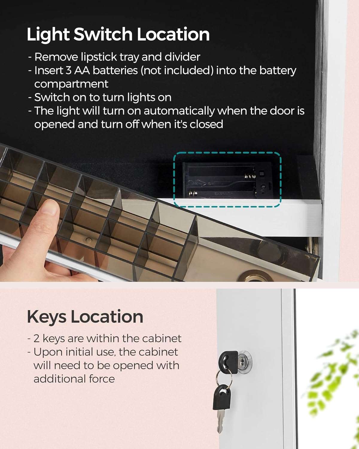 SONGMICS Mirror Jewelry Cabinet Standing Armoire Organizer, Jewelry Storage with Full-Length Frameless LED Lights, Built-in Makeup Mirror, 2 Drawers, Lockable, White - 8