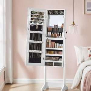 SONGMICS Mirror Jewelry Cabinet Standing Armoire Organizer, Jewelry Storage with Full-Length Frameless LED Lights, Built-in Makeup Mirror, 2 Drawers, Lockable, White - 9